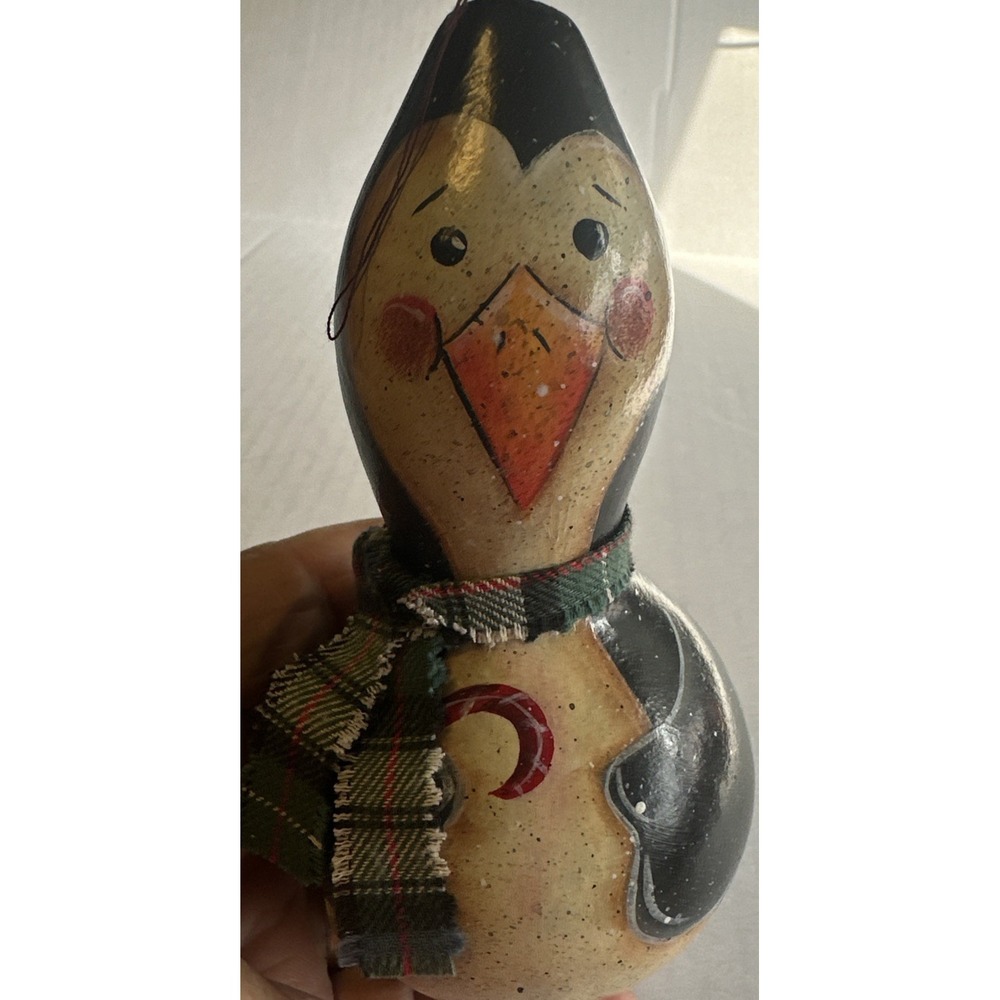 Vtg Hand Painted Christmas Penguin W/ Scarf Gourd Holiday Folk Art 6" Ornament